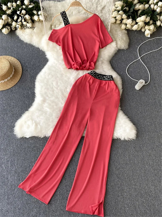 SINGREINY Vacation Casual Sports Suits Summer Off Shoulder Short Camis Tops+High Waist Wide Leg Pants Women Y2K Two Pieces Sets