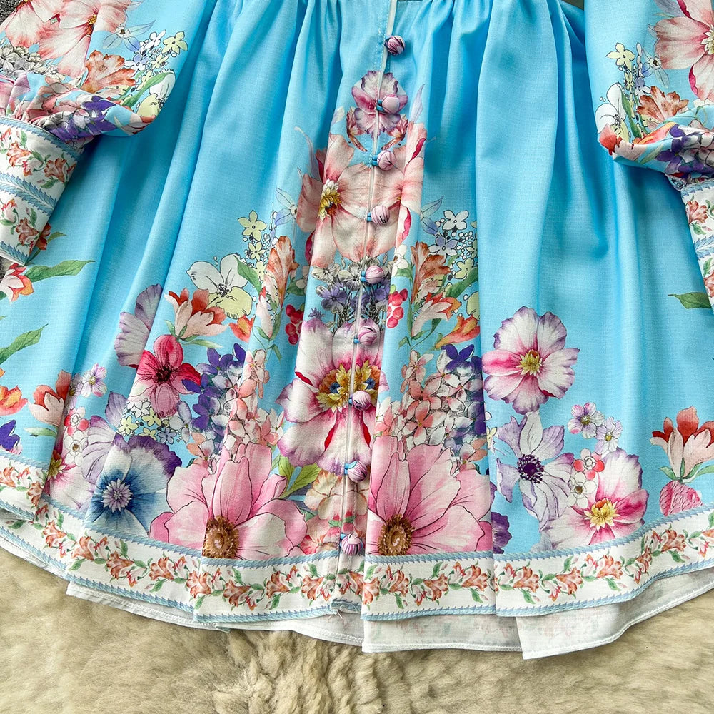Spring Dresses 2024 Women Fashion Elegant Vintage Floral Print Dress V Neck Front Button Up Long Sleeve Holiday Mini Dress Woman