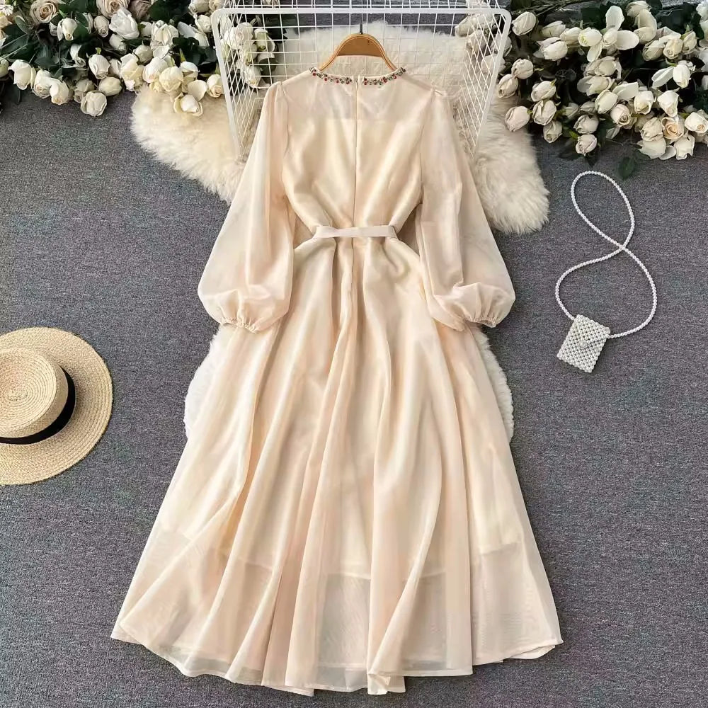 New Fashion Autumn White/Beige Beading Embroidery Long Dress For Women Elegant O Neck Puff Sleeve High Waist Elegant Party Robe