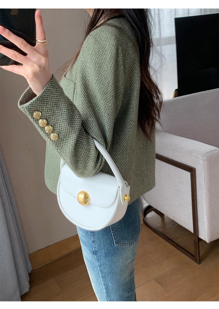 Women's Round Neck Blazer Jacket for Spring and Autumn Trendy Single Breasted Cropped Coat Small Fragrance Green Suit Outerwear
