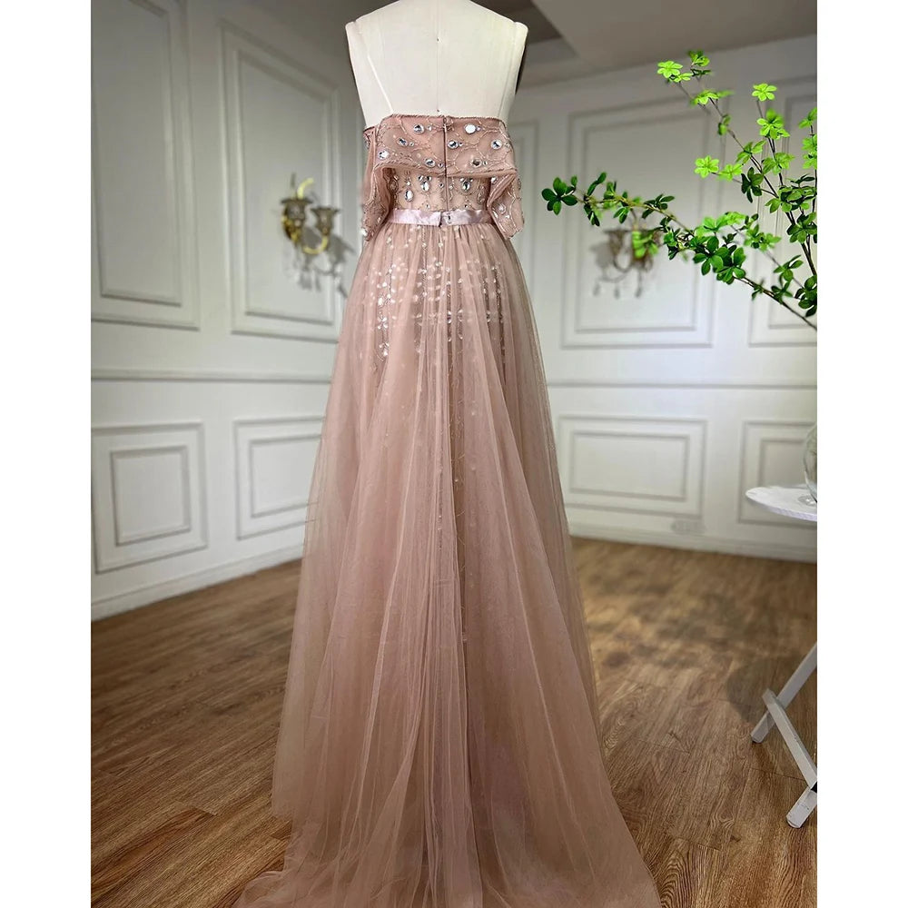 Serene Hill Arabic Caramel Mermaid Strapless With Overskirt Beaded Evening Dresses For Women Wedding Party 2024 LA71922