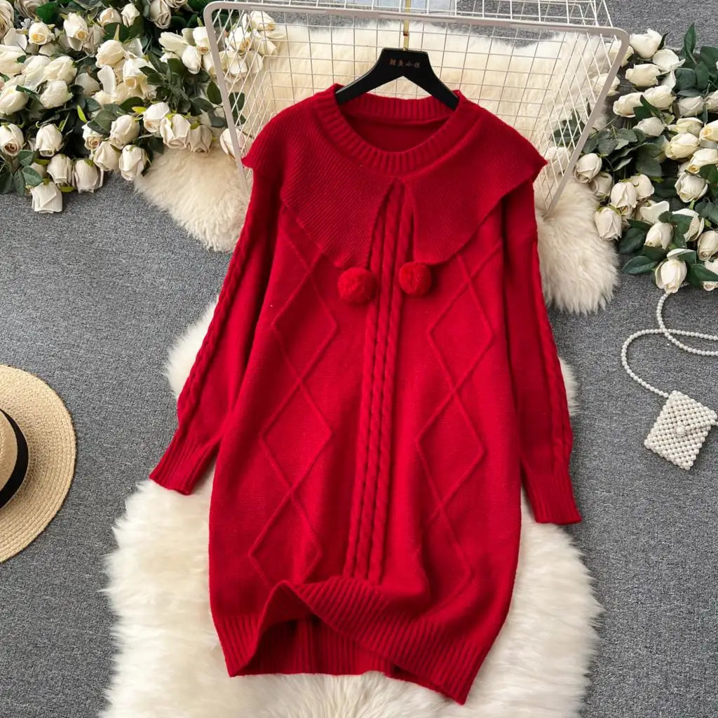 Y2k Sweet Knitted Dresses for Women Autumn Winter Christmas Sweater Loose Knitwears Mini Dress Korean Fashion Female Vestidos