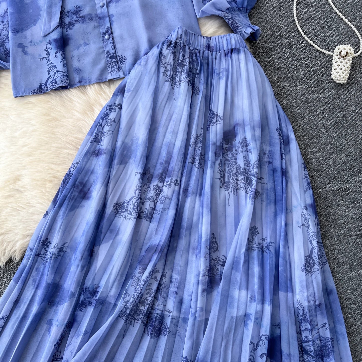 Women Chic Print Sweet Two Pieces Sets Bow Lantern Long Sleeve Top  High Waitst Wide Skirt Fashion Summer Sets