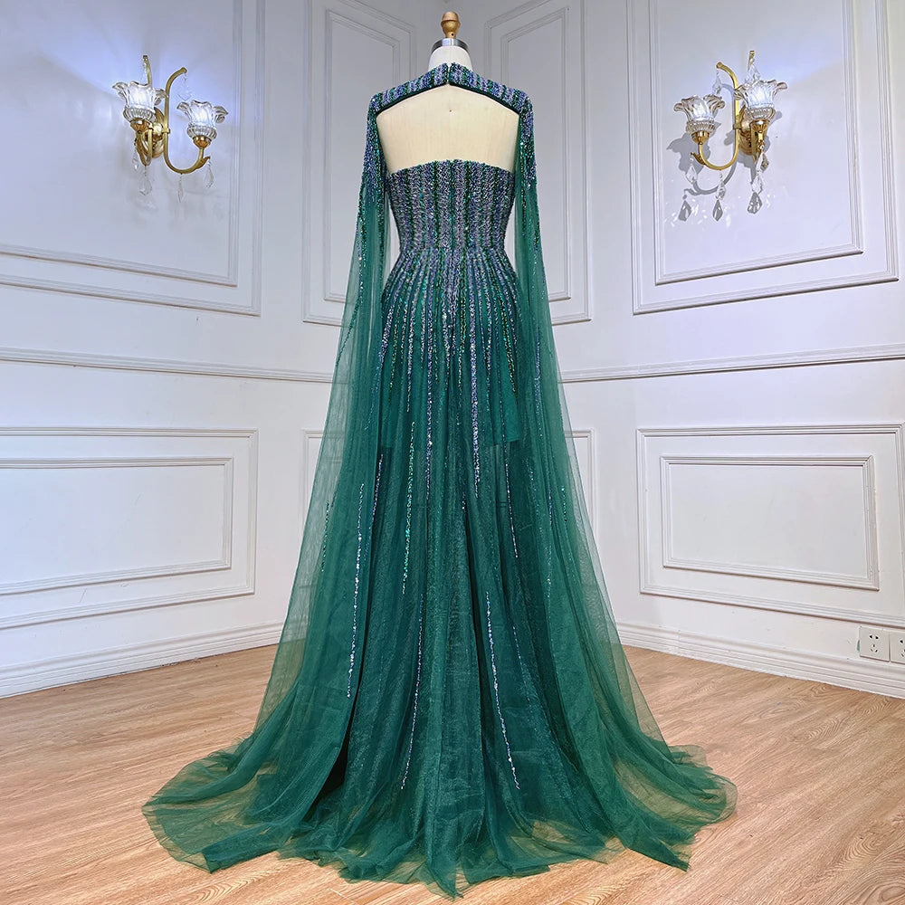 Arabic Green Cape Sleeves A Line Beaded Evening Dresses Long 2023 Celebrity Gowns For Woman Wedding Party BLA71912 Serene Hill