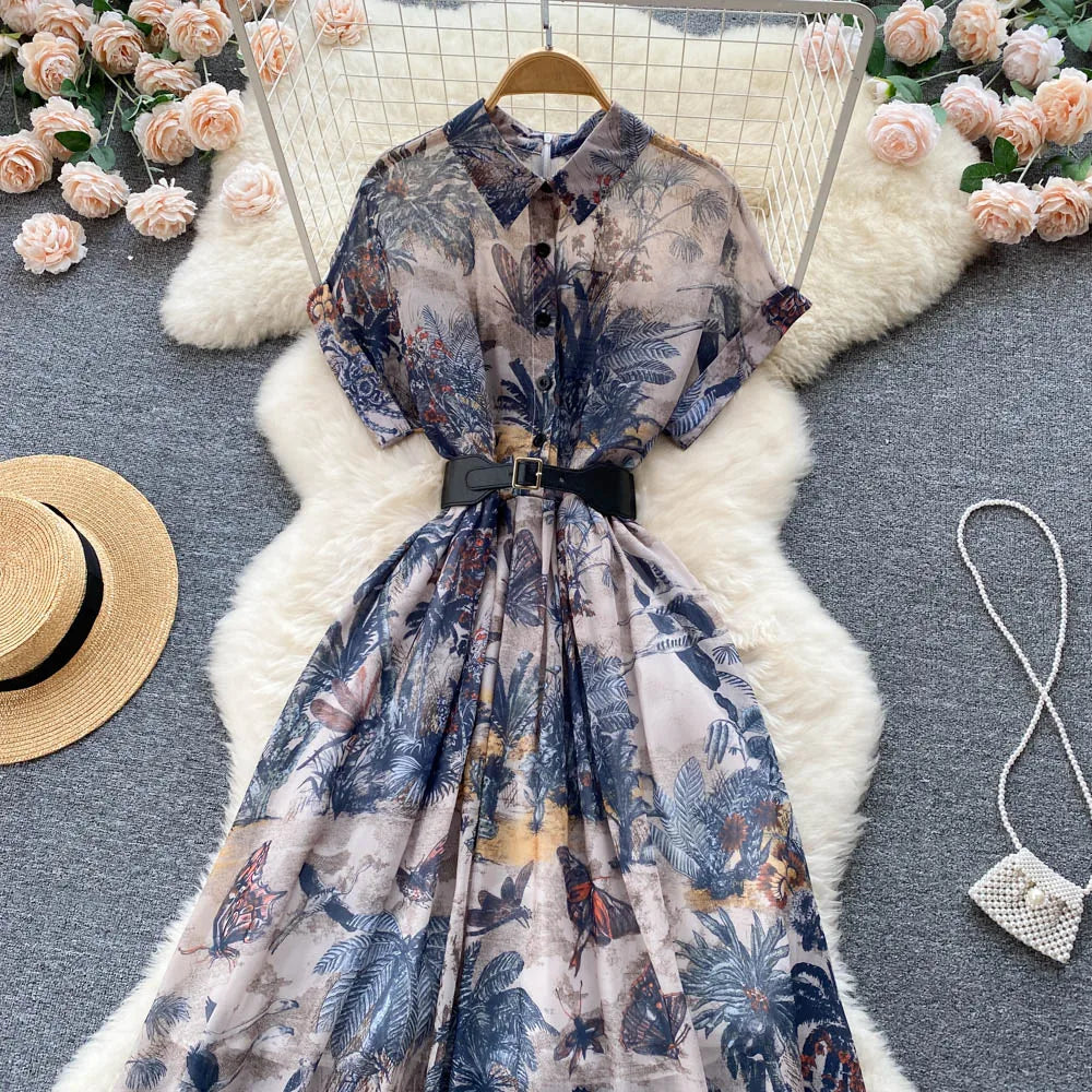 2022 Women Vintage Party Dress Summer French Elegant Print Dress Ladies High Waist Retro Single Breasted Belt Casual Long Dress