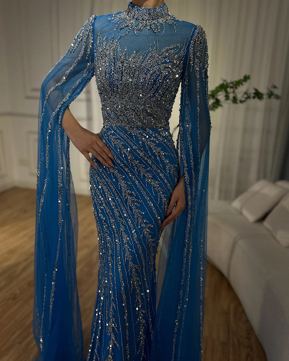 Serene Hill 2024 Nude Cape Sleeves Mermaid Lace Beaded Luxury Dubai Long Evening Dresses Gowns For Formal Occasion LA71885A