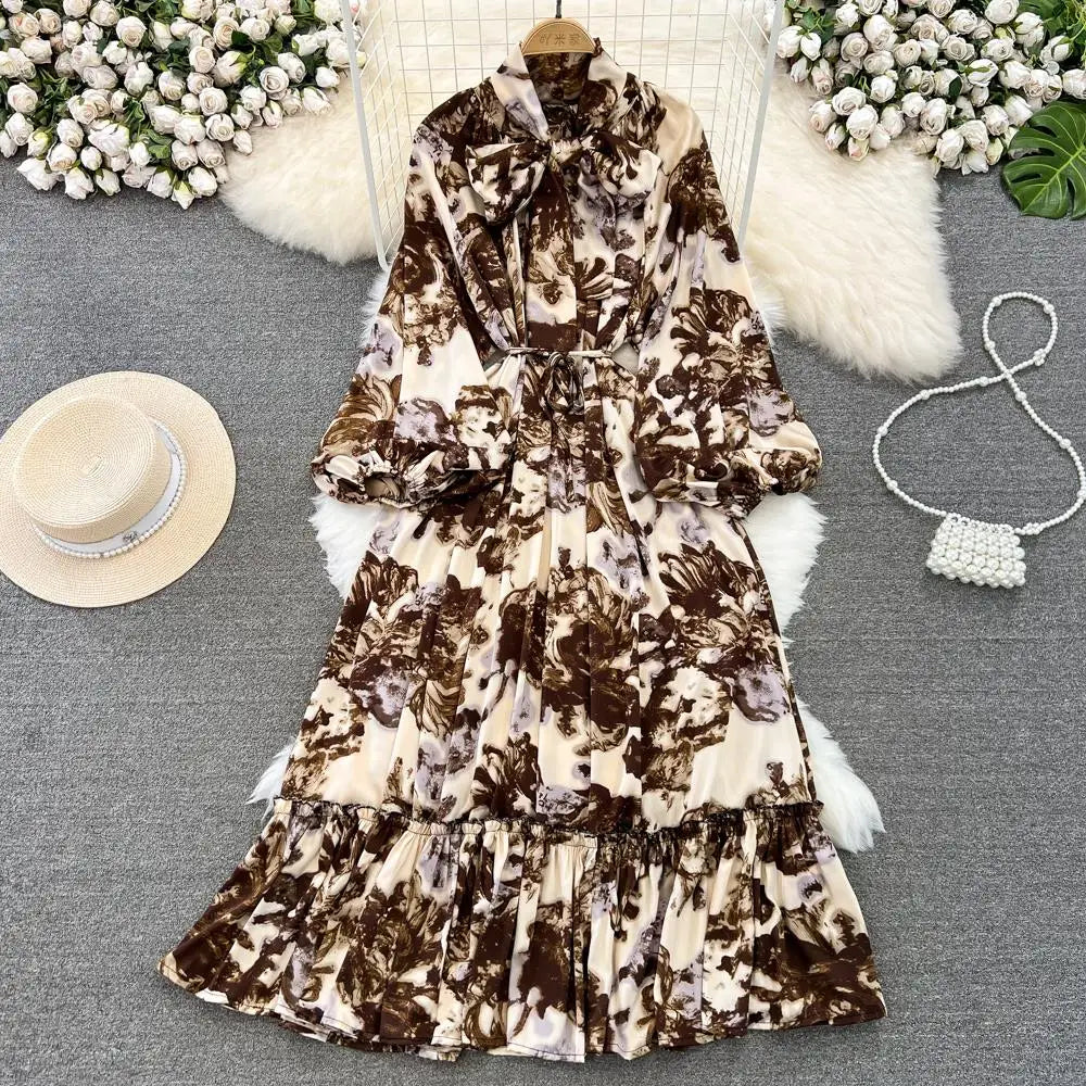 Elegant Casual A-Line Vintage Ruffle Print Long Dress Autumn Lantern Sleeve Party Boho Dresses Beach Holiday Female Vestidos