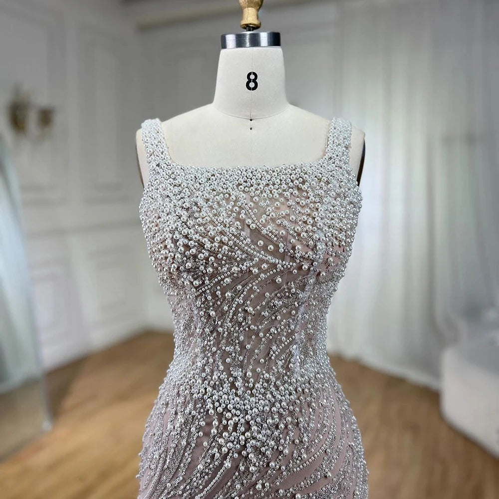 SERENE HILL 2024 White Nude Spaghetti Strap Mermaid Beaded Evening Dresses Luxury Pearls Gowns For Women Wedding Party GLA72266