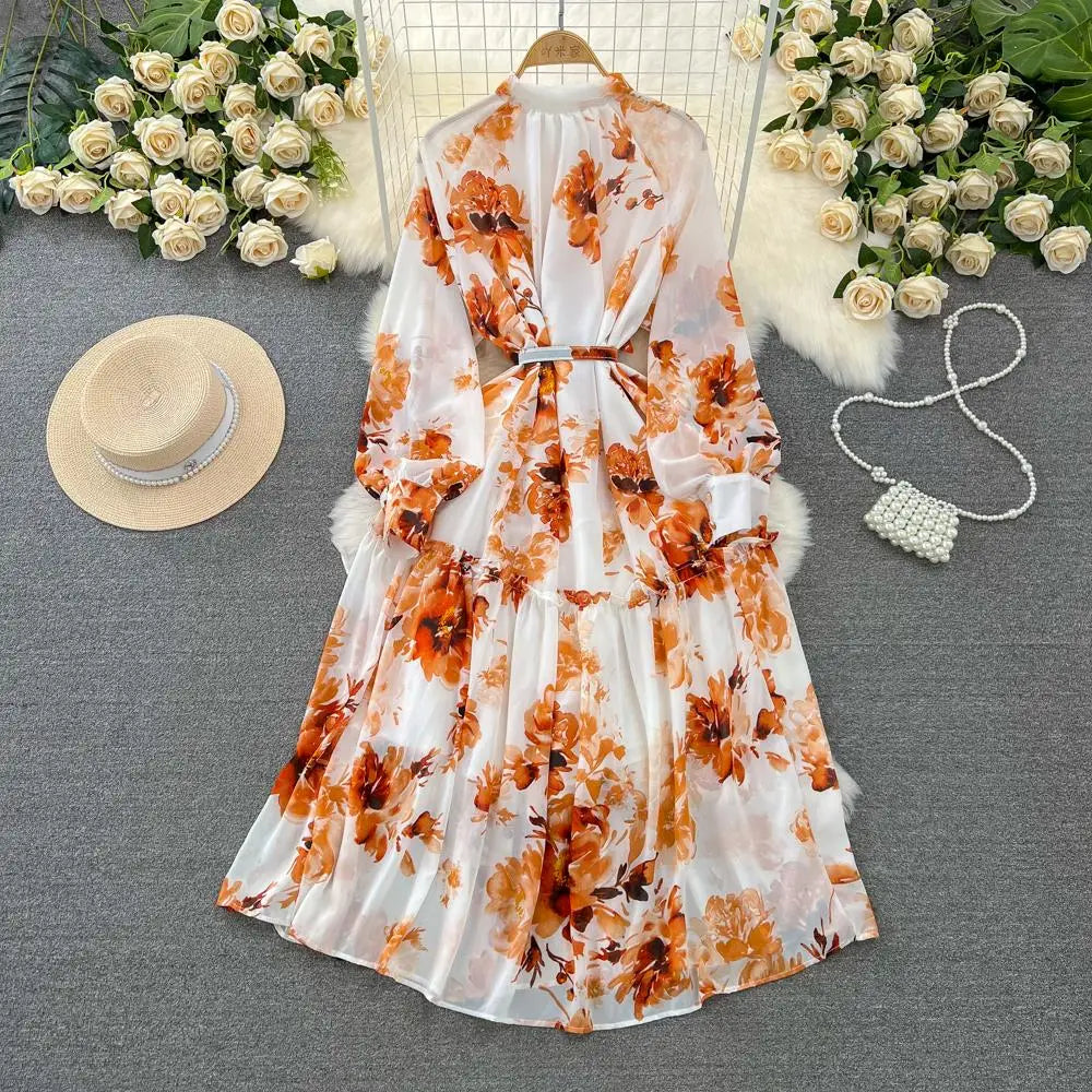 Elegant Casual Women Fashion Floral Print Long Dress Vintage Pleated A-Line Maxi Boho Beach Party Robe Female Clothes Mujers