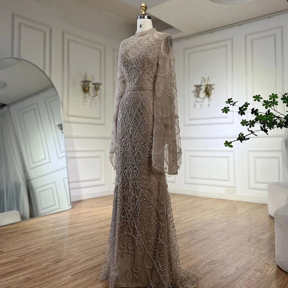 Serene Hill 2024 Muslim Nude Mermaid Elegant Bell Sleeve Beaded Luxury Dubai Long Evening Dress for Formal Occasion LA72316A