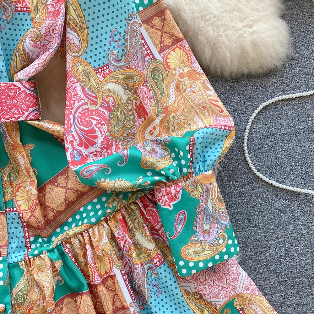 New In Dresses 2024 Spring Vintage Paisley Print Vacation Bohemian Dress Women Stand Collar Long Sleeve Mini Dress With Belt