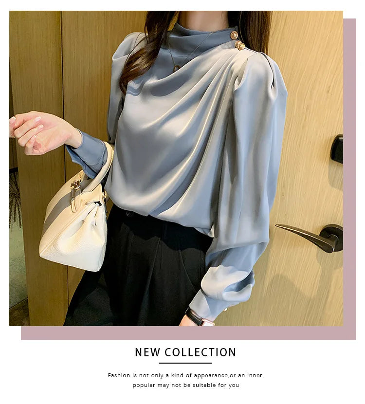 Autumn New Women's Style Stand up Collar Pleated Long Sleeve Top Fashion Lantern Sleeve Loose Elegant Solid Color Shirt Blouse