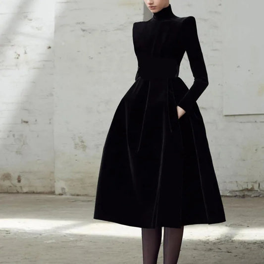 Autumn New Black Velvet Dress for Women Retro Stylish Waist Closing and Slim Hepburn Style Annual Meeting Dresses