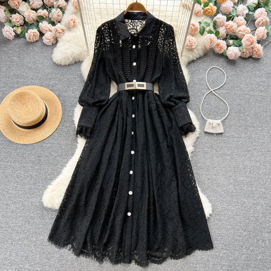 Elegant Chic Lace Hook Flower Hollow Long Sleeve Lapel Dress Party A-line Vestidos High Waist Basic Women Autumn Winter Dress