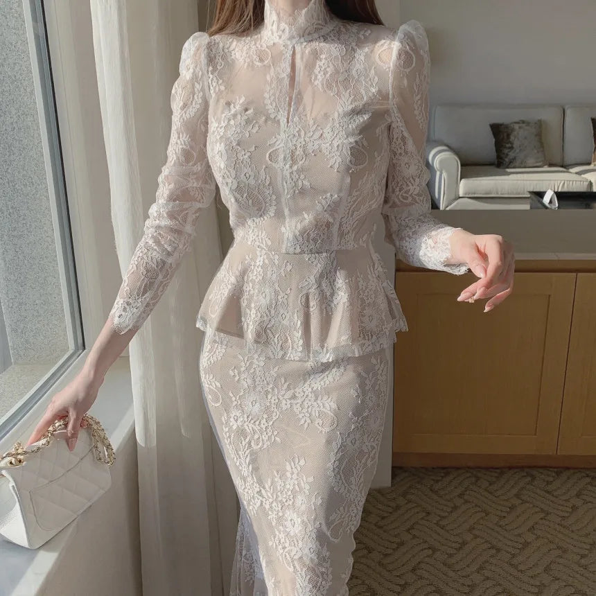 Elegant and Slim fitting Semi Transparent Lace Set Women's Spring Temperament Long Sleeved Top+Long Fishtail Skirt Two-piece