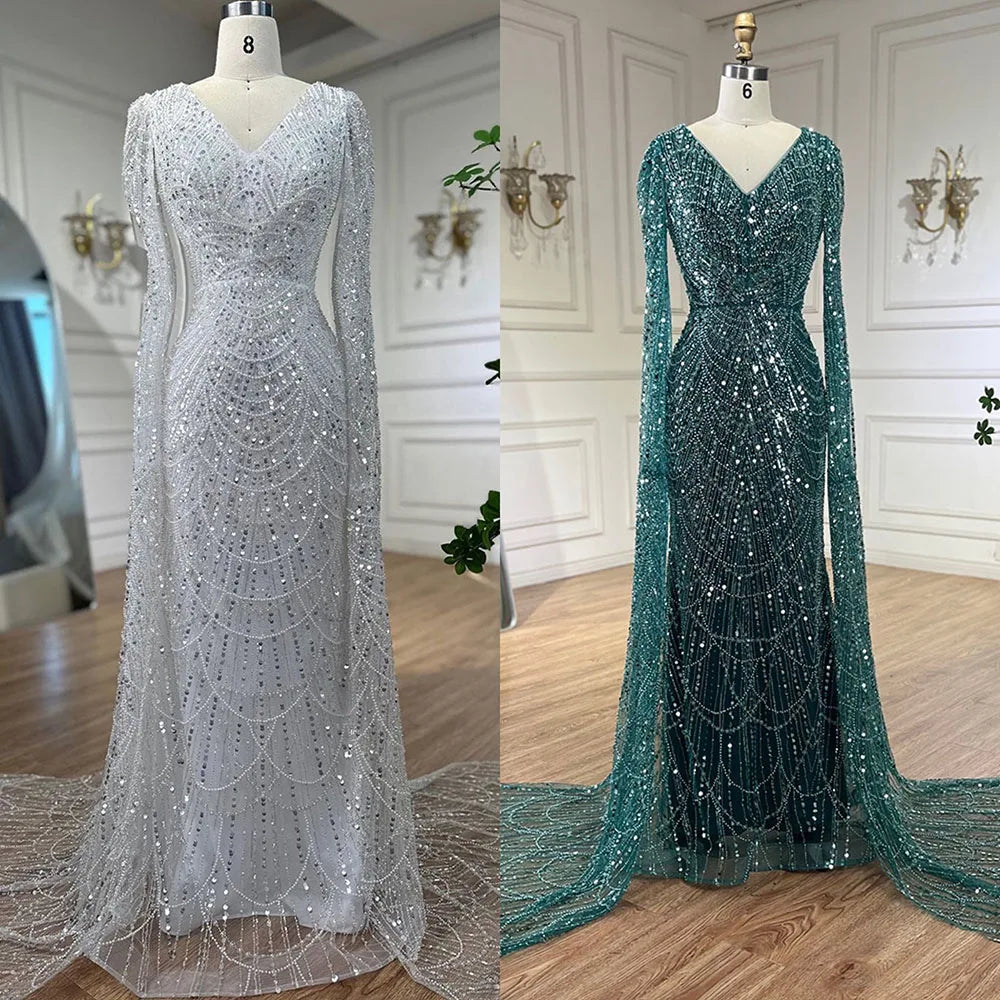 Serene Hill Arabic White Luxury Pearls Beaded Mermaid Cape Sleeves Evening Gowns 2024 For Women Wedding Party LA72160