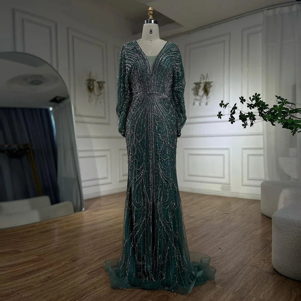SERENE HILL 2024 Arabic Gold Elegant Mermaid Black Luxury Beaded Evening Dresses Gowns Diamond For Women Wedding Party GLA72288A