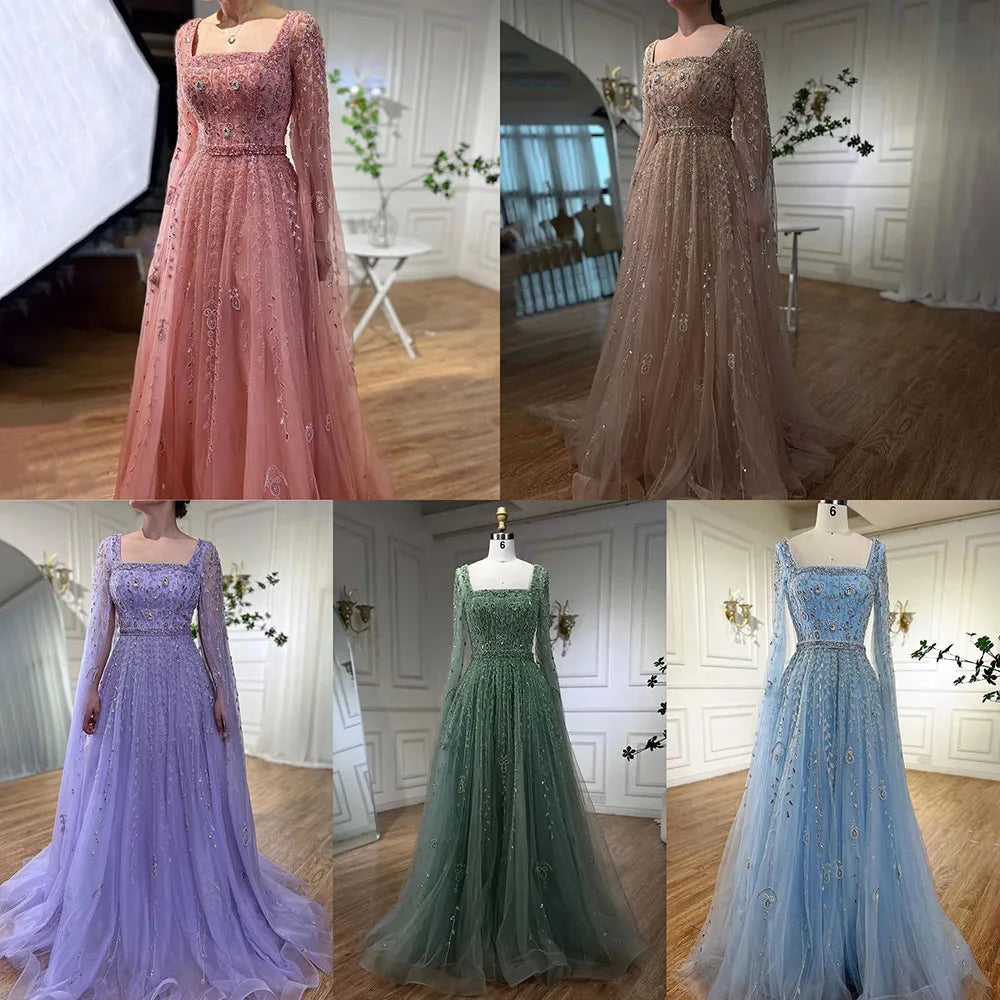 Serene Hill 2024 Muslim Pink A Line Beaded Elegant Cape Sleeve Luxury Evening Dresses Gowns For Women Wedding Party LA71803A