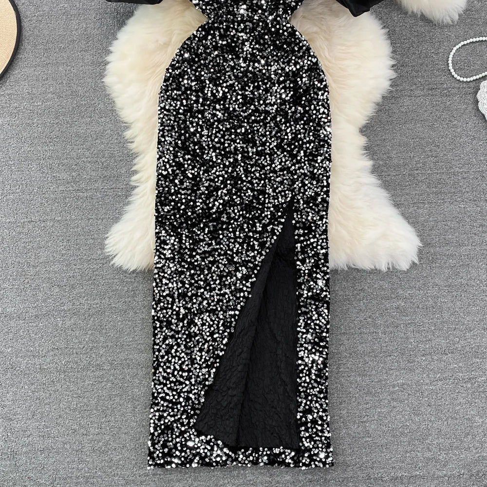 Elegant Square Collar Slim Sequin Women Dresses Luxury High Waist Long Banquet Dress Sexy High Slit Temperament Celebrity Gowns