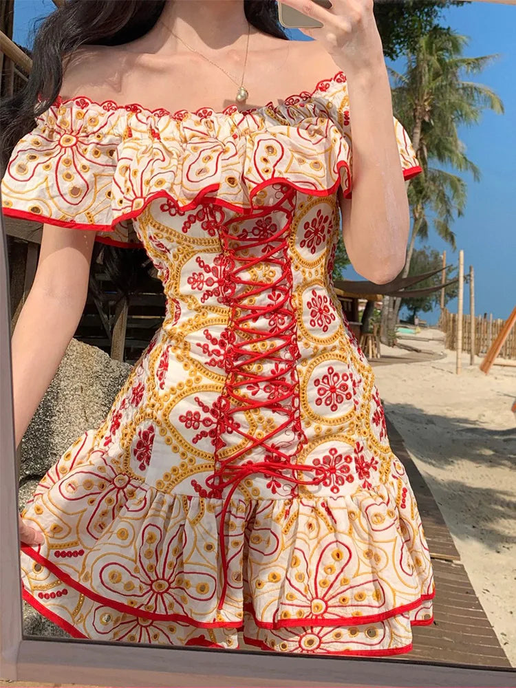 Vacation Beach Dress Women Summer Ruffle Hem Vintage Cutwork Embroidery Dress Front Lace Up Sexy Off Shoulder Mini Party Dress