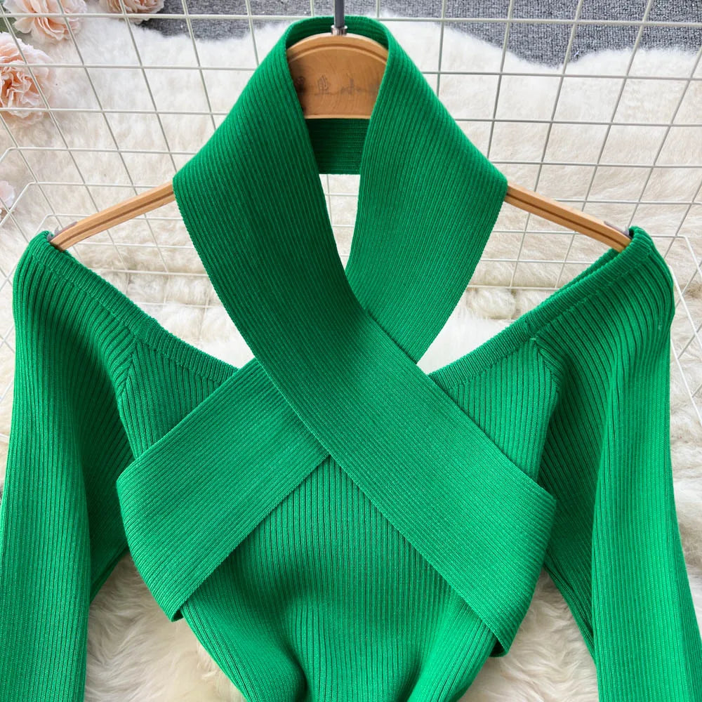 Chic Sexy Criss-cross Halter Elegant Pencil Dress Fashion Slim Knit Long Sleeve Birthday Party Vestidos Women Autumn Winter Robe