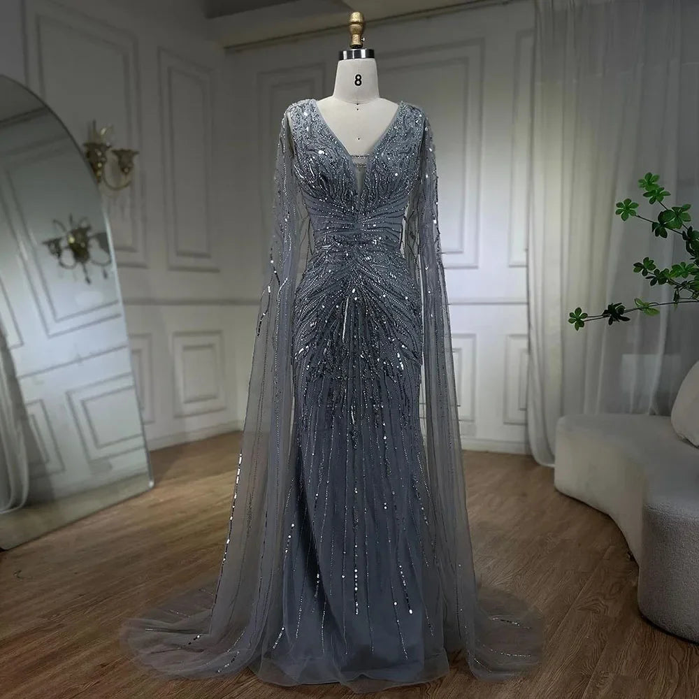 SERENE HILL 2024 Arabic Silver Mermaid Cape Sleeves Luxury Beaded Evening Dresses Formal Long Gowns Women Wedding Party GLA72239