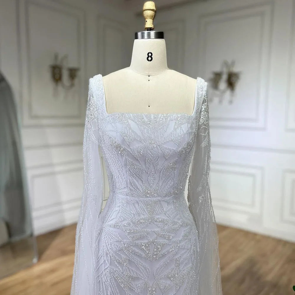 SERENE HILL 2024 Arabic Nude Cape Sleeves Mermaid Dubai Evening Dresses Beaded Luxury Wedding Party Gowns For Women GLA72261