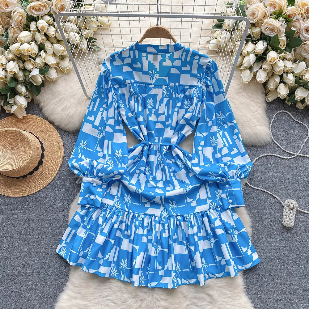 Short Dresses For Women Front Button Up Elegant Geometric Print Dress V Neck Long Sleeve Ruffle Hem Tie Belt Mini Casual Dress