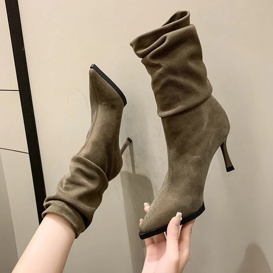 Pointed Matte Leather Pleated Pile Up Boots for Women's New Slim Heeled Mid Length Riding Boots Fashionable Short Boots