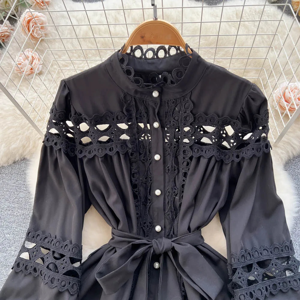 2023 Spring Summer Holiday Dress Women Stand Collar Long Sleeve Button Up Embroidery Trim Luxury Elegant Mini Dress With Belt