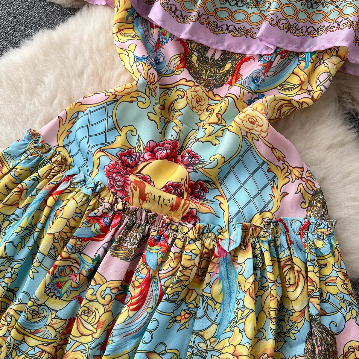 Women Elegant Vintage Print Dress 2023 Layered Ruffle Straight Neckline Strap Off Shoulder Dress For Holiday Summer Mini Dress