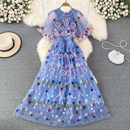 Summer Designer Fashion Runway Maxi Dress Women Short Sleeves Vintage High Quality Mesh Embroidery Long  Party Dress