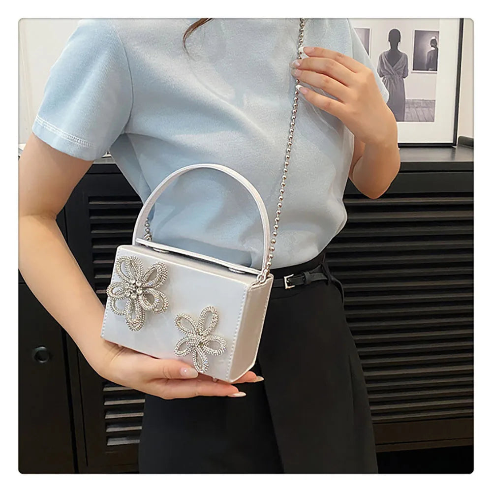 Light Luxury High-Grade Women Chain Crossbody Bag Korean Design Sense Diamond Flower New Pop Handbag Fashion Box Mini Square Bag