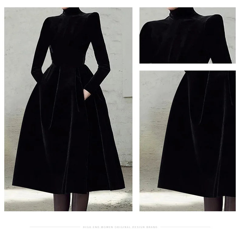 Autumn New Black Velvet Dress for Women Retro Stylish Waist Closing and Slim Hepburn Style Annual Meeting Dresses