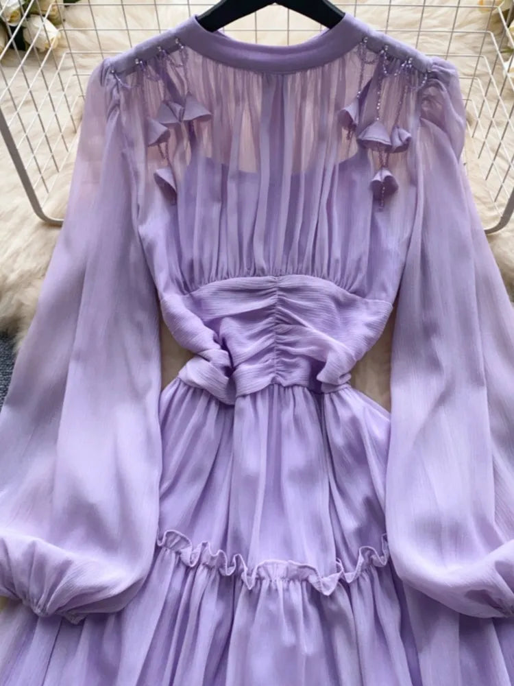 Elegant Tassel Beaded Lantern Sleeve Midi Dress Women French Stand Collar Slim A-Line Pleated Female One Piece Casual Mujer New