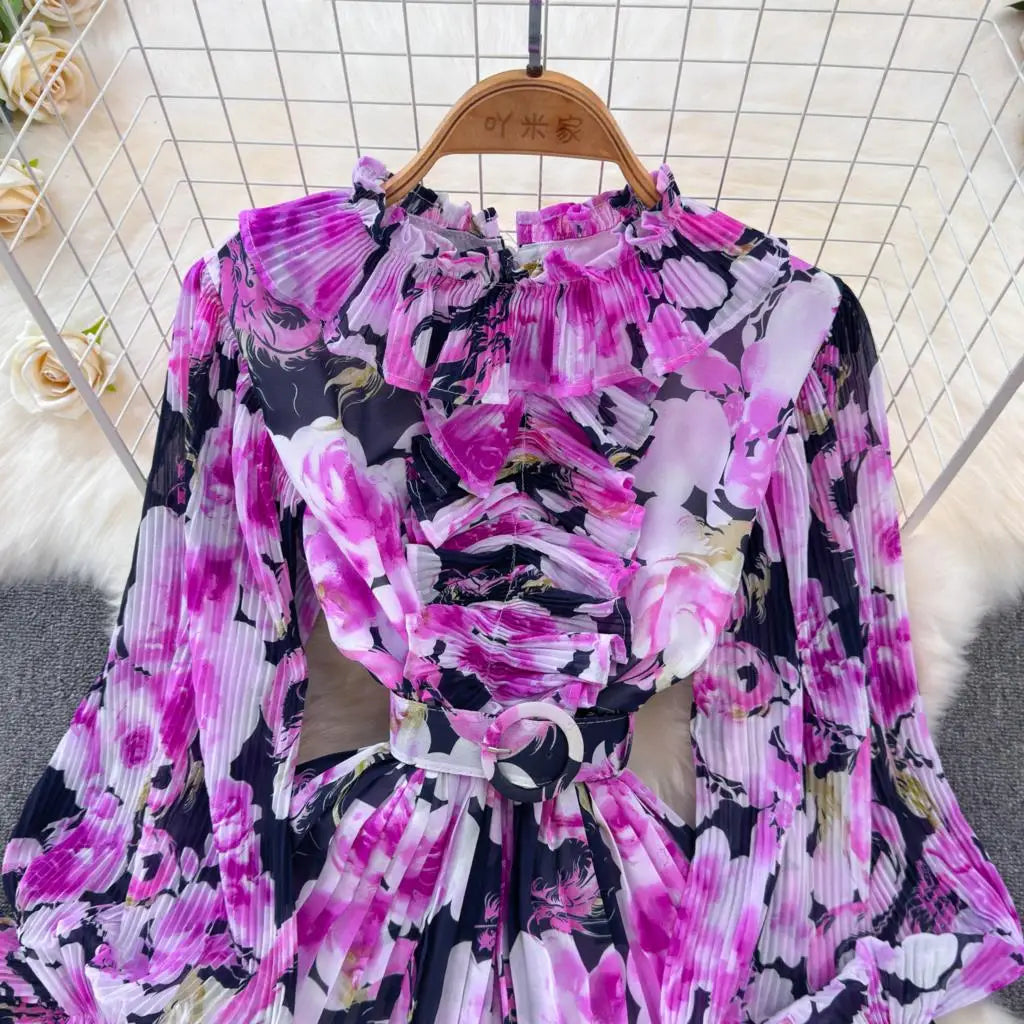 Summer Vintage Casual A-Line Floral Print Women Dress Elegant Chic Pleated Party Prom Vestidos with Belted Female Long Robe