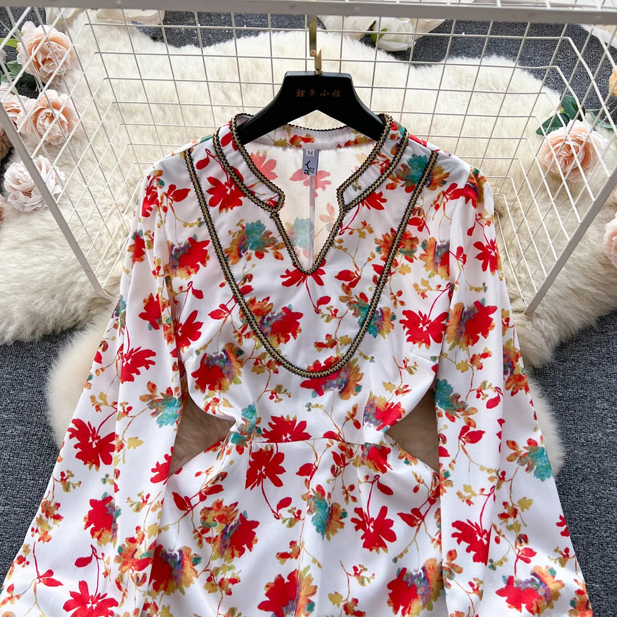 Elegant Dresses For Women 2023 New In Contrast Trim Vintage Floral Print Dress V Neck Long Sleeve Ruffle Hem Vacation Mini Dress