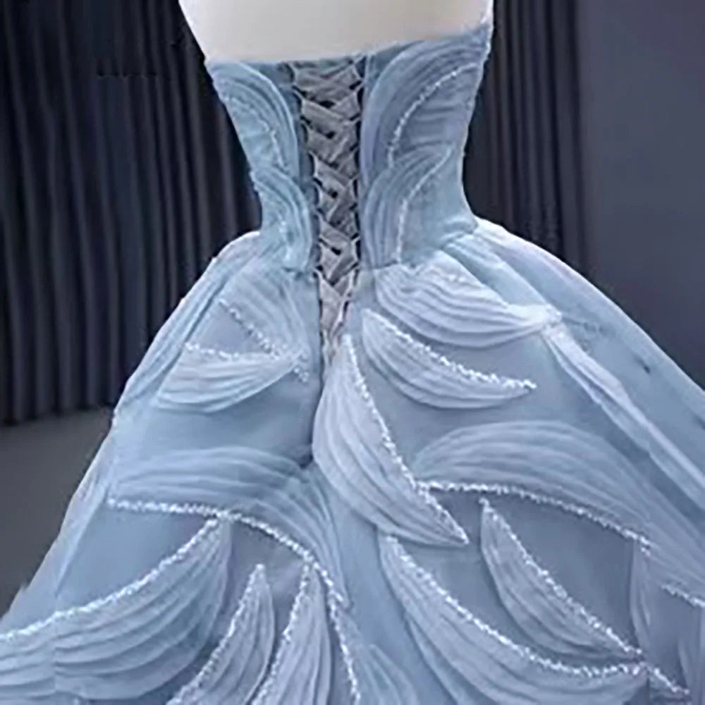 Serene Hill High End Custom Made Gray Blue Strapless Lace Up Beaded Luxury Ball Gown Bride Gowns Wedding Dress HM231064