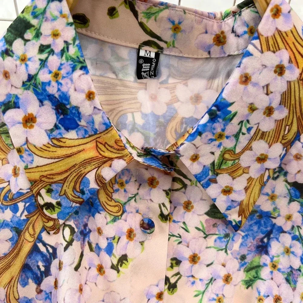 Vintage Print Elegant Lantern Long Sleeve Lapel A-line Dress Casual Women  Fashion Autumn Spring Dress