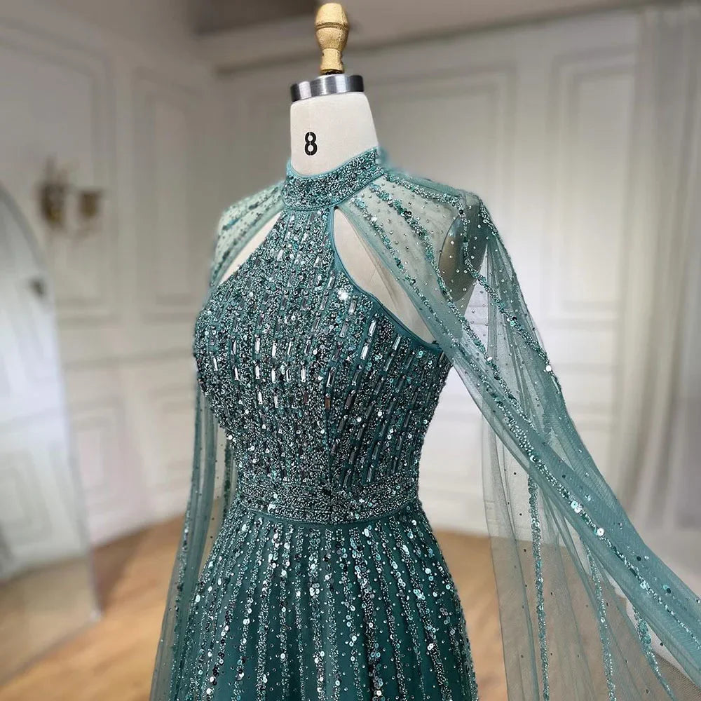Serene Hill Arabic Turquoise A Line Cape Sleeve Beaded Luxury Dubai Evening Dresses Gowns For Women Wedding Party 2024 BLA72306A