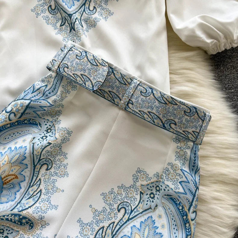 Spring Summer Retro Print Two Piece Set Women Lantern Sleeves Standing Neck Blouse Top+High Waist Wide Leg Shorts Elegant Suits