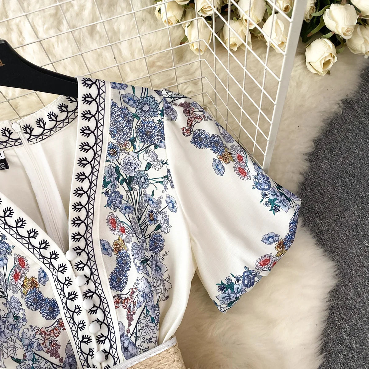 Party Dresses 2023 Elegant Vintage Floral Print Holiday Dress Women V Neck Short Puff Sleeve Summer Clothes Mini Dress With Belt