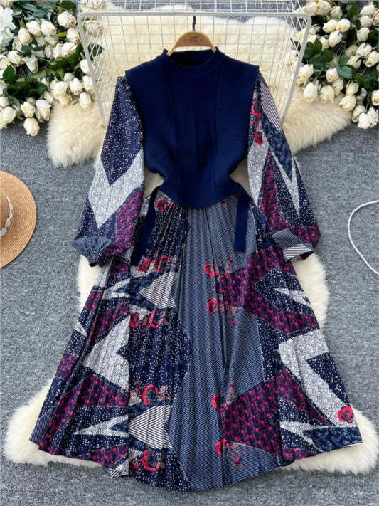 French Vintage Patchwork Print Knitted Dress Elegant and Chic Boho Beach Holiday Dresses A-Line Slim Waist Pleated Vestidos New
