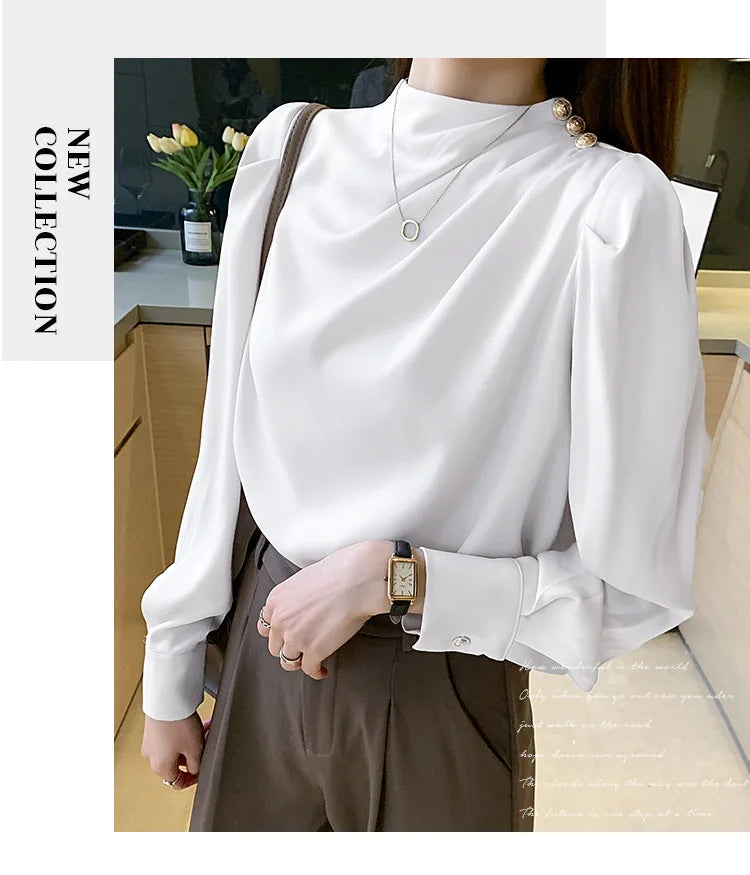 Autumn New Women's Style Stand up Collar Pleated Long Sleeve Top Fashion Lantern Sleeve Loose Elegant Solid Color Shirt Blouse