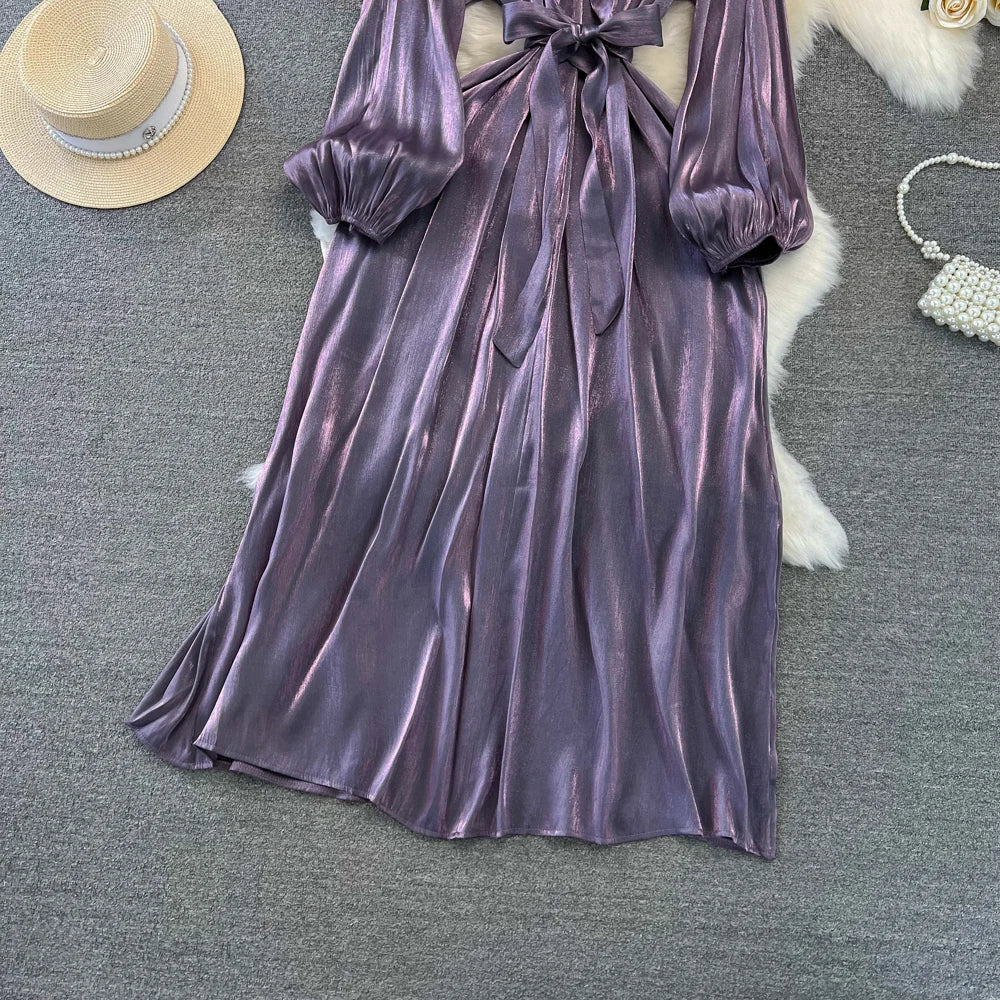 Autumn Elegant Women Fashion Party Long Dress Bow Lace Up Long Sleeve Evening Dresses A-Line Casual Vestidos One Piece Prom Robe