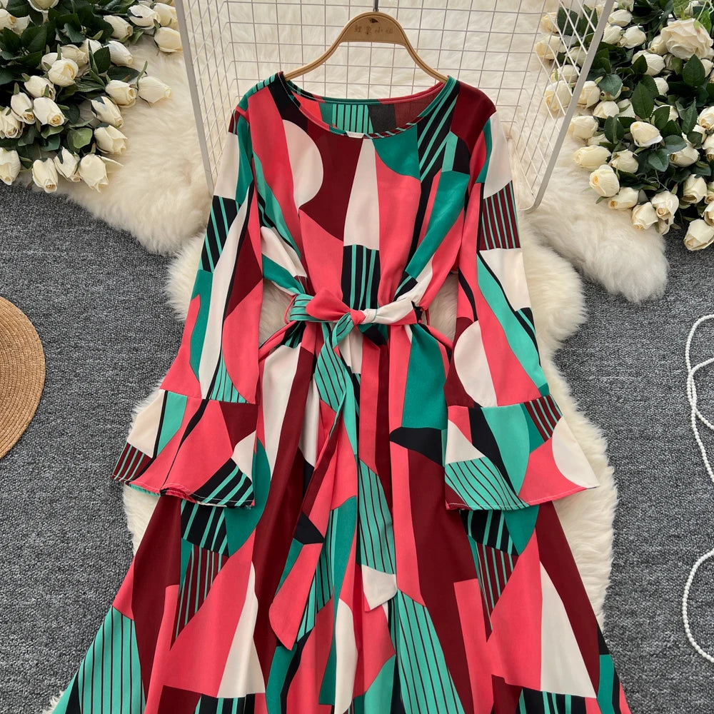 Women Vintage Print Dress for Women Autumn Flare Long Sleeves Lace Up Ruffles Slim Waist Evening Party Dresses A-Line Vestidos