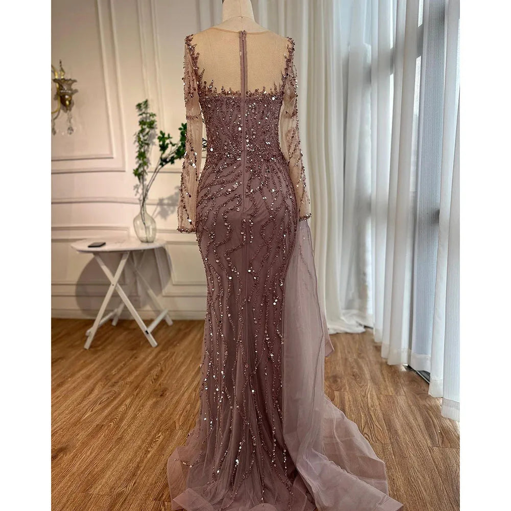 Serene Hill Blue Long Sleevele Elegant Mermaid High Split Evening Dresses 2024 Women Party Gowns with Side Skirt LA72044