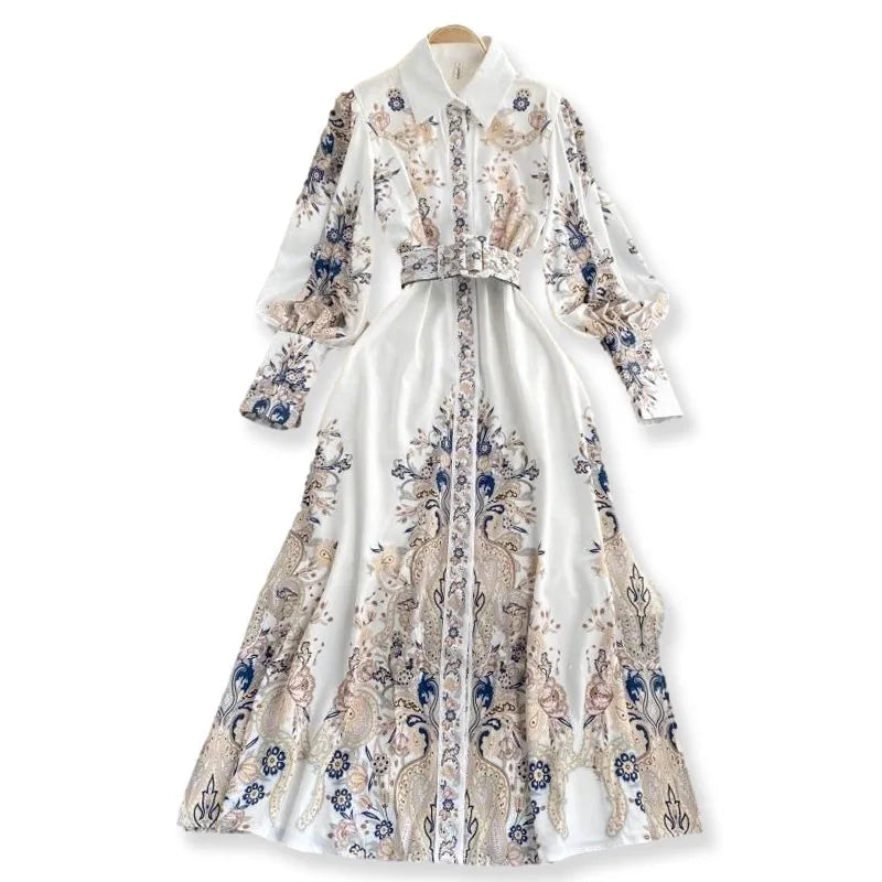 Lusumily New Arrival 2024 Vintage Dress Women Fashion Long Sleeve Flower Print Pleated Dresses Elegant Woman Midi Holiday Dress