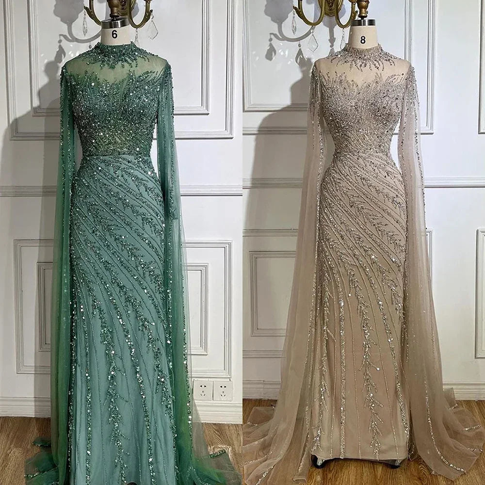 Serene Hill 2024 Nude Cape Sleeves Mermaid Lace Beaded Luxury Dubai Long Evening Dresses Gowns for Women Wedding Party BLA71885A