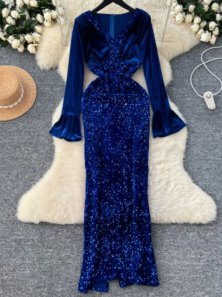 Women's Sexy Velvet Evening Gown Luxury Dresses V-Neck Flare Sleeve Split Long Dress Fashion Slim Robe Birthday Party Autumn New